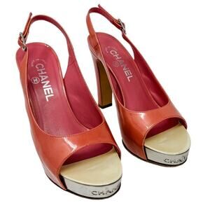 Chanel Pink Patent Leather Platform Block Heel Sling Backs size 37.5/ US6.5–7